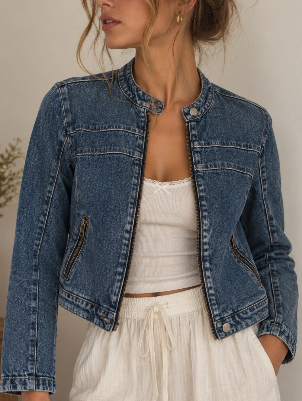 Free People We The Free Fast Lane Denim Moto Jacket Blue Large